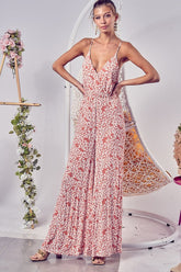 Floral Print Cirnkled Gauze Spaghetti Strap Jumpsuit BiBi